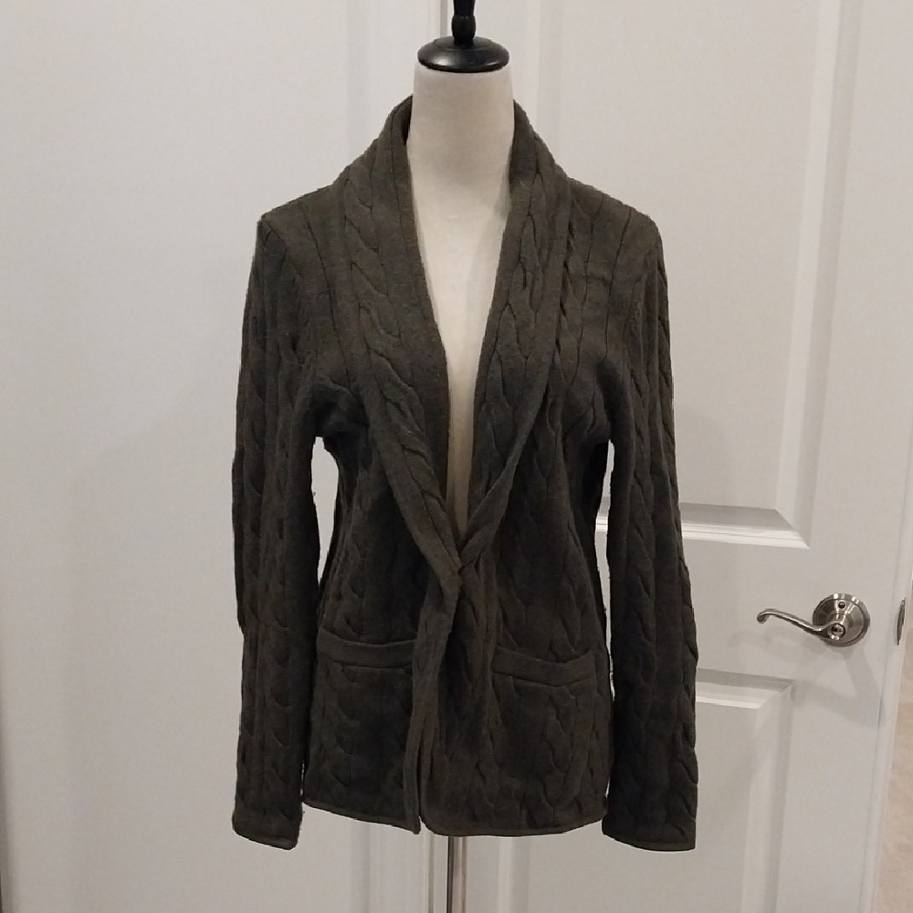 Talbots Olive Green Knit Cardigan with Patch Pockets